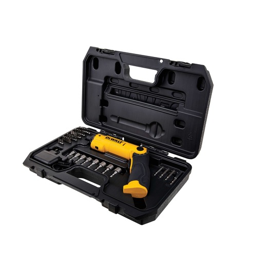 A DEWALT branded toolkit featuring a yellow and black cordless screwdriver, multiple screwdriver bits, sockets, charger, and accessories, neatly arranged inside a hard plastic carrying case.