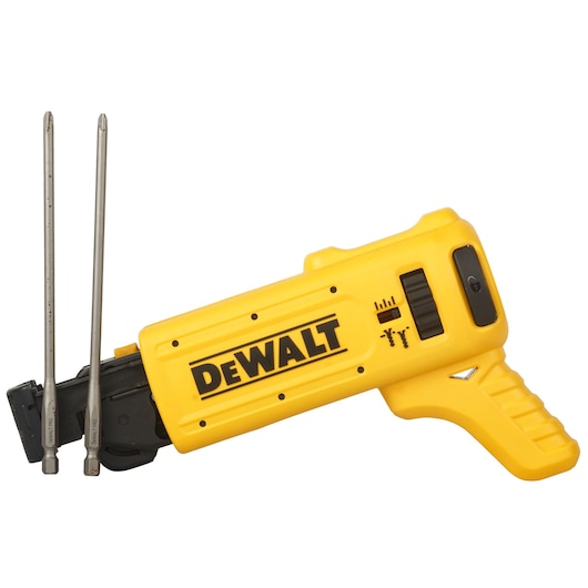 A yellow DEWALT drywall screw gun attachment with two metal rods, designed for use with power tools.