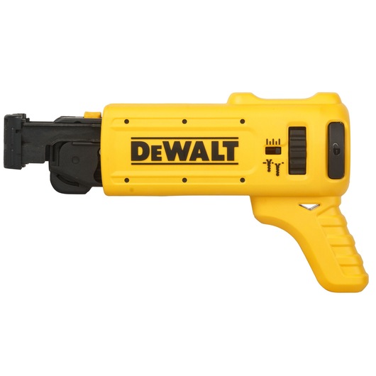 A yellow DEWALT branded tool attachment for drywall screw guns, model DCF6201-XJ, designed for automated screw feeding and installation.
