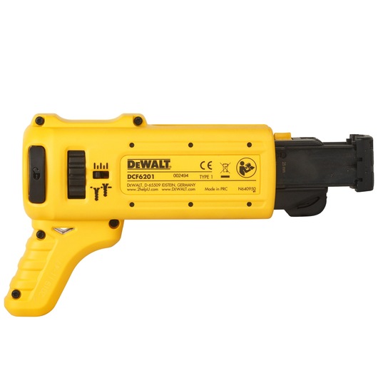 A DEWALT DCF6201-XJ drywall screw gun attachment in yellow and black, showing side view with product labeling and adjustment switches.