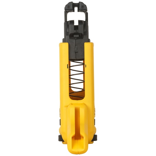 Front view of a DEWALT DCF6201-XJ yellow and black screw magazine attachment designed for drywall screwdrivers, showing the spring mechanism.
