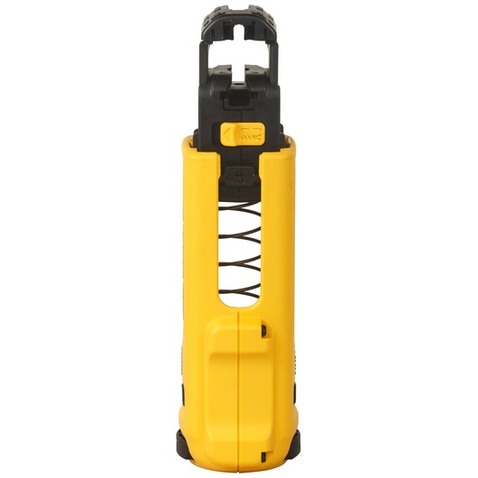 Front view of a DEWALT DCF6201-XJ yellow and black tool attachment, showing its spring mechanism and mounting area.