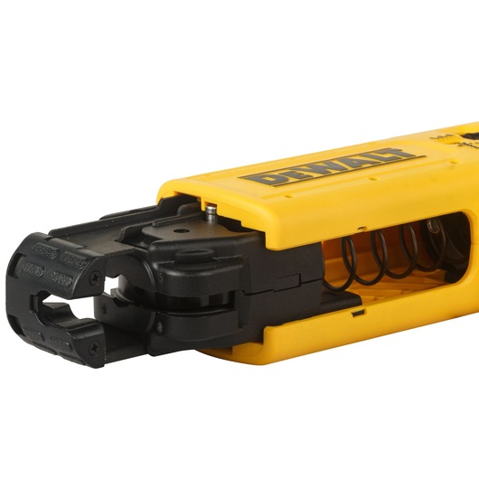 Close-up view of a DEWALT DCF6201-XJ yellow and black tool, showing its attachment mechanism and part of the internal spring.