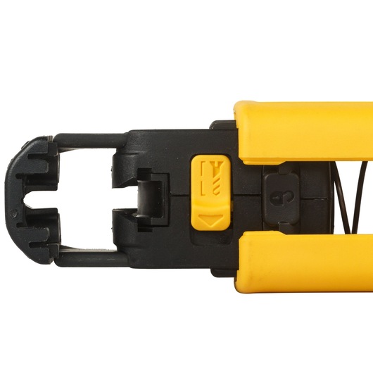 Close-up view of a DEWALT DCF6201-XJ black and yellow tool attachment, showing its locking mechanism and detailed construction.