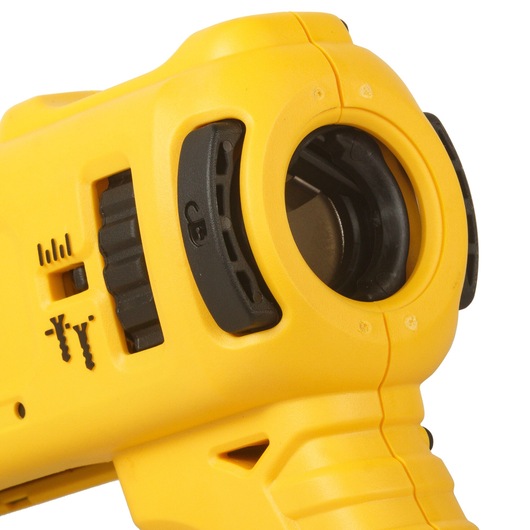 Close-up view of a yellow DEWALT DCF6201-XJ accessory, designed for use with power tools, showing detailed parts and adjustment controls.