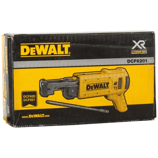 Box of DEWALT DCF6201, featuring a yellow and black design with an illustration of a power tool accessory for drywall screwdrivers compatible with DCF620 and DCF621 models.