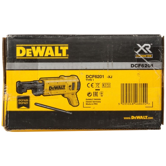 Box of DEWALT DCF6201-XJ screwdriver accessory showing product illustration, branding, specifications, and barcode.