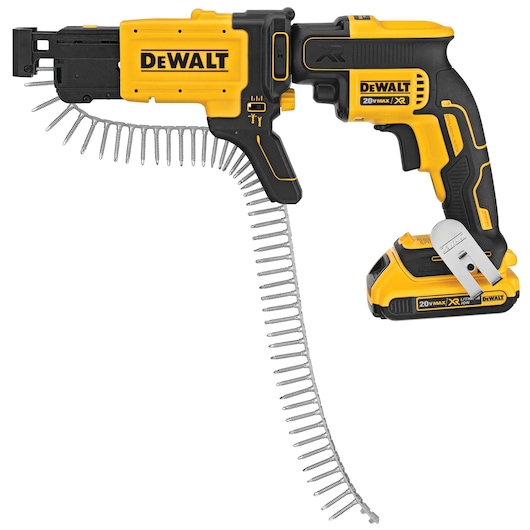 A DEWALT 20V MAX XR cordless collated screw gun, shown with a strip of collated screws attached. The tool is black and yellow, has an ergonomic handle, and features branding and battery details on the side.