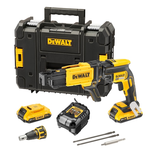 Kit includes DCF620 18V XR Brushless Drywall Screwdriver, x2 DCB183 2.0Ah batteries, DCB1104 charger and storage box 