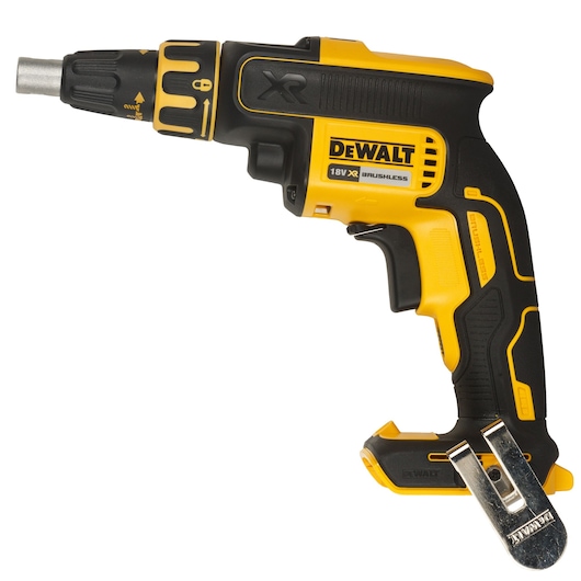 DEWALT DCF620NT-XJ 18V XR brushless cordless screw gun, shown in yellow and black color with a metal belt clip attached.