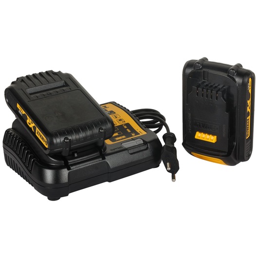 Two DEWALT branded battery chargers for power tools, one connected to an electrical cord and the other unplugged, both in black and yellow colors.