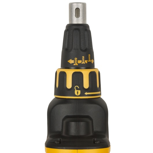 Close-up view of the front part of a DEWALT cordless screwdriver showing its adjustment dial and lock symbols, with black and yellow design.