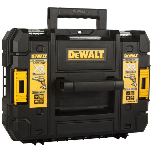 Black and yellow DEWALT tool storage case featuring branding and specifications for the DEWALT DCF620NT-XJ 18V XR Lithium Ion brushless drywall screwdriver.