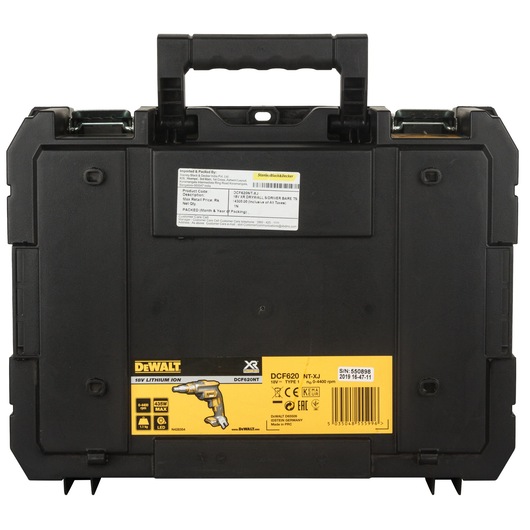 A black DEWALT hard plastic carrying case featuring a label for the DCF620NT-XJ 18V Lithium Ion drywall screwdriver. The case has a sturdy handle on top and product information stickers on the front.