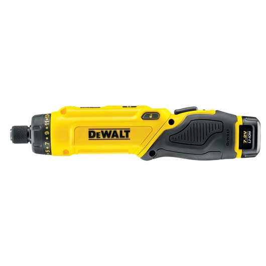 Yellow DEWALT 7.2V cordless screwdriver with black grip and adjustable settings.