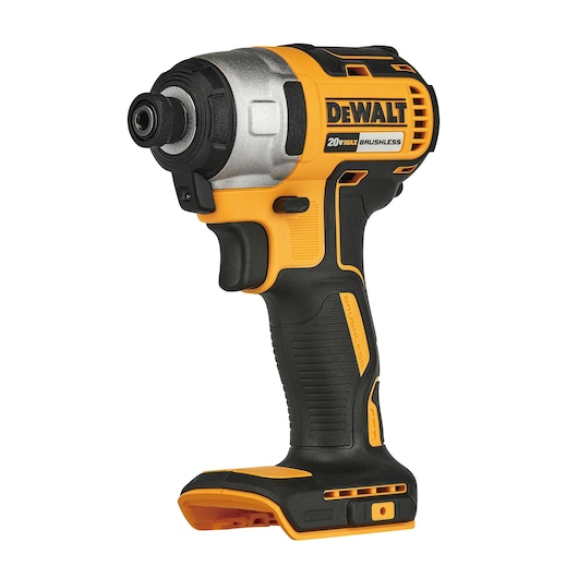 A DEWALT 20V cordless brushless impact driver, shown in yellow and black, with ergonomic grip and labeled 'DCF7871N'. The tool is designed for heavy-duty fastening tasks without a battery attached.