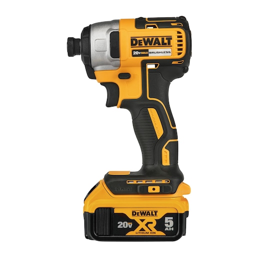 A DEWALT 20V MAX XR brushless cordless impact driver with a 5Ah lithium-ion battery, black and yellow in color, designed for construction and fastening tasks.