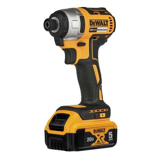 A DEWALT 20V Max XR cordless impact driver with a brushless motor and lithium ion battery, model DCF7871P2, shown standing upright against a white background.