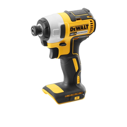 Cordless DEWALT 18V impact driver with brushless motor, black and yellow, battery not included.