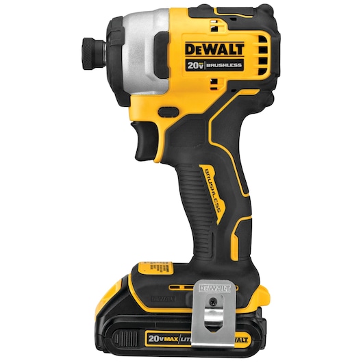 A DEWALT 20V brushless cordless impact driver with a yellow and black design and a metal belt clip attached.