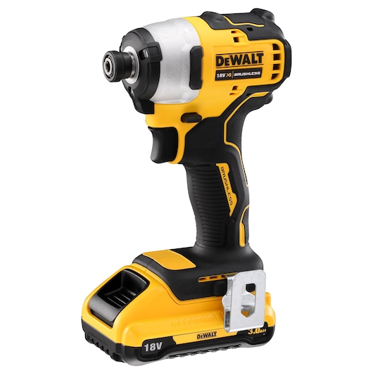 Yellow and black 18V DEWALT cordless impact driver with brushless motor, side clip and battery pack.