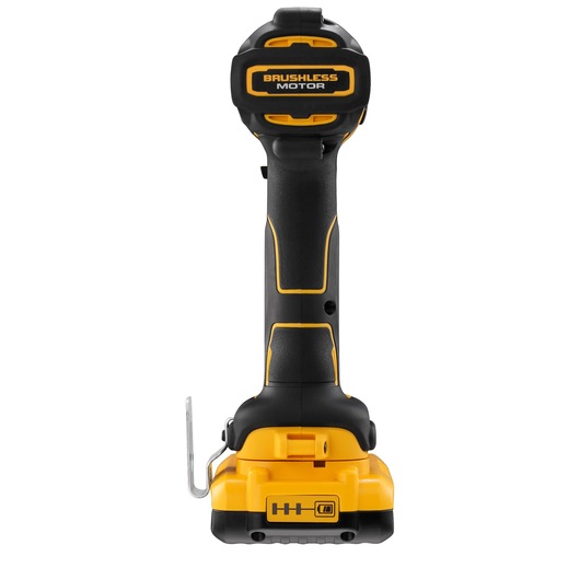Rear view of a DEWALT DCF809L2T cordless power tool, showing the handle and base with a brushless motor label, yellow and black color scheme, and battery pack attached.