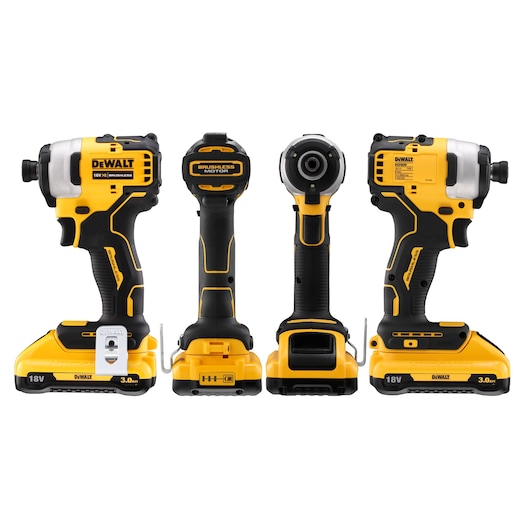 DEWALT DCF809L2T brushless impact driver, 18V, shown from multiple angles with yellow and black design.