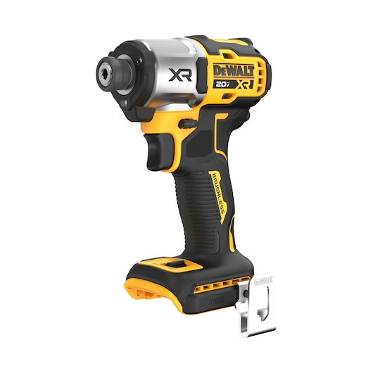 A DEWALT cordless impact driver, 20V XR model, with a black and yellow design and a metal belt clip on the base. Battery is not attached.
