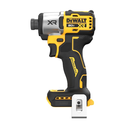 A DEWALT 20V XR brushless cordless impact driver, shown in a side profile view. The tool has a black and yellow design with a metal clip attached to the base.