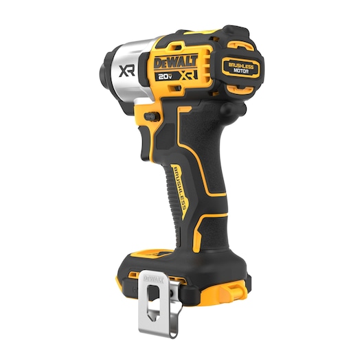 DEWALT 20V XR brushless cordless impact driver. The tool is black and yellow with a metal belt clip and visible branding on the side.