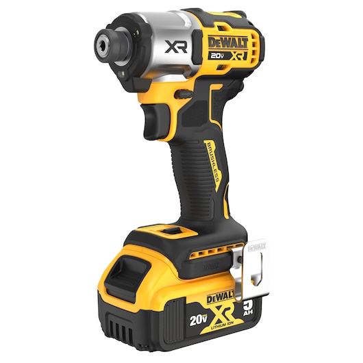 A DEWALT 20V XR cordless impact driver with brushless motor and lithium-ion battery, shown upright with a black and yellow color scheme.