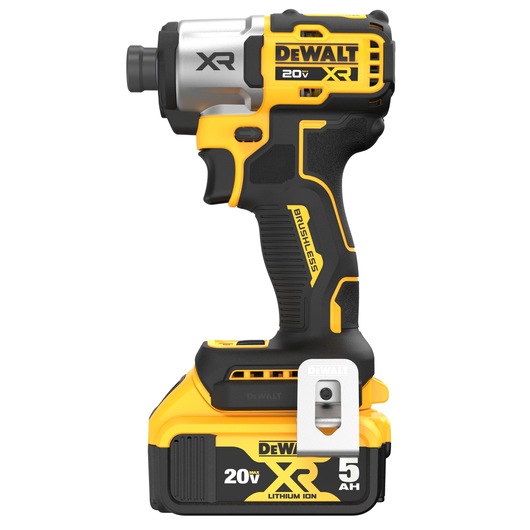 A DEWALT 20V XR brushless lithium-ion cordless impact driver, model DCF845P2T-KR, designed for heavy-duty fastening applications. The tool has a yellow and black body, a 5Ah battery pack, and is suitable for professional use.