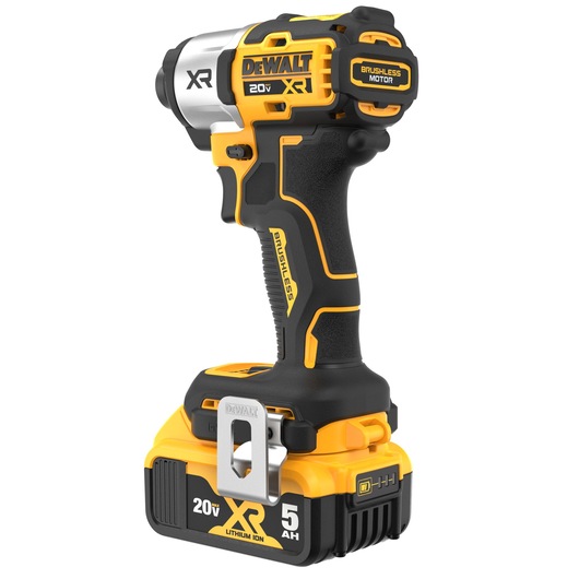 A DEWALT XR 20V brushless cordless impact driver with a 5Ah lithium ion battery. The tool is mostly yellow and black with brand and model details visible.