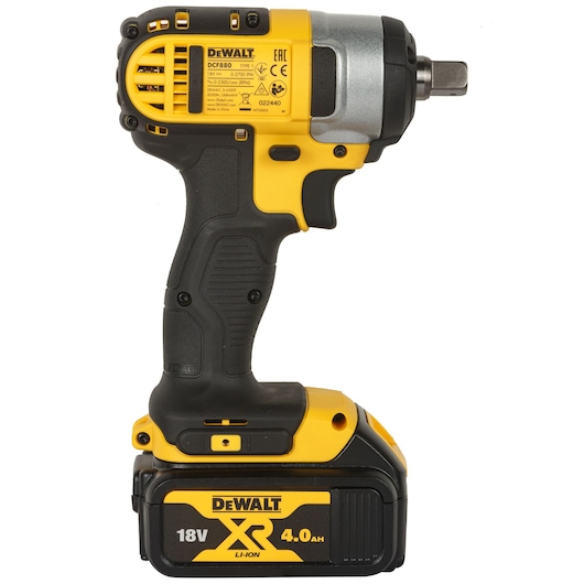 A DEWALT cordless impact wrench model DCF880M2-QW with an 18V XR 4.0Ah lithium-ion battery. The tool features a yellow and black design with ergonomic grip and visible branding and specifications.
