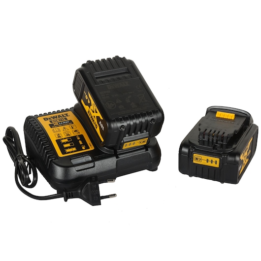 DEWALT battery charger with two rechargeable lithium-ion batteries, featuring yellow and black design and power cord.