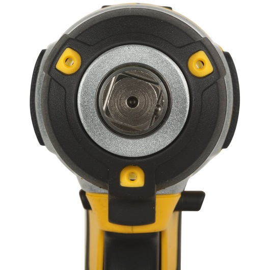 Close-up view of the front of a DEWALT cordless impact wrench showing the metal drive and surrounding black and yellow housing.