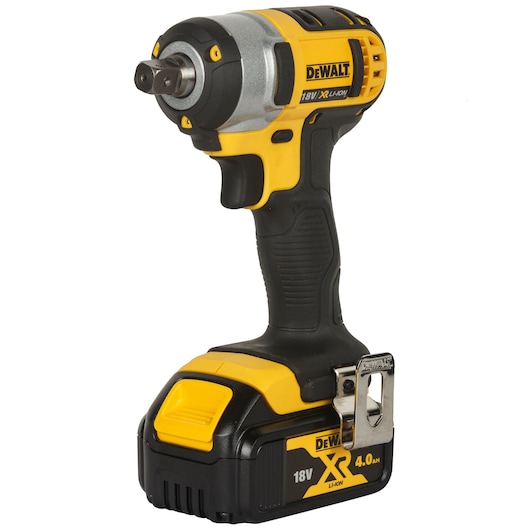 A DEWALT cordless impact wrench, model DCF880M2-QW, featuring a yellow and black design, powered by an 18V XR Li-Ion 4.0Ah battery.