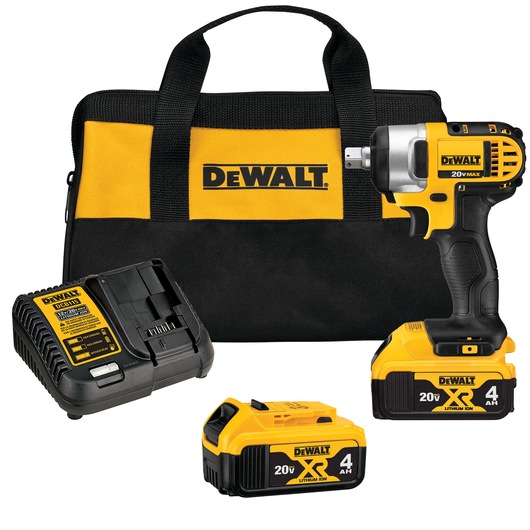 A DEWALT cordless impact wrench kit displayed with a black and yellow carrying bag, two 20V lithium-ion batteries, and a battery charger.
