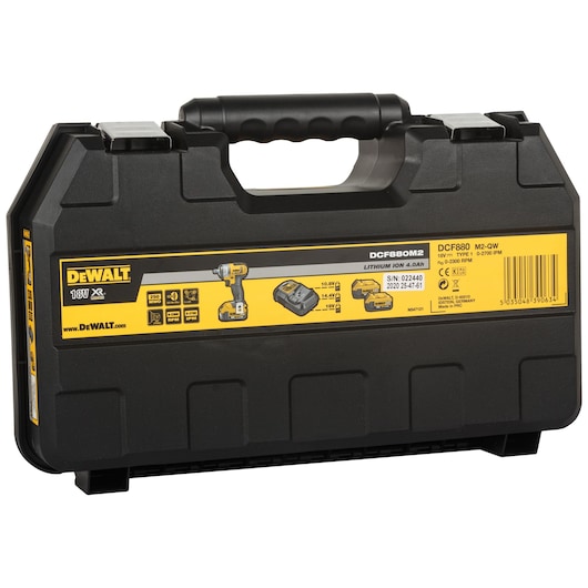 A black DEWALT carrying case labeled with yellow branding and product information, including images of a cordless impact wrench, battery, and charger. The case has a sturdy handle and secure latches.