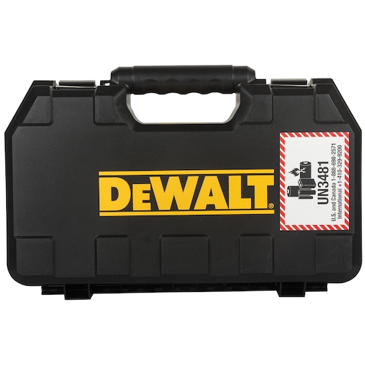 A black DEWALT carrying case with a yellow DEWALT logo printed in the center. There is a handle at the top and a white hazardous material label on the right with red borders, warning about lithium batteries.
