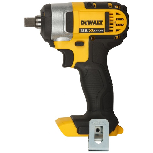 A DEWALT 18V XR Li-Ion cordless impact wrench with a yellow and black ergonomic design, shown from the side.