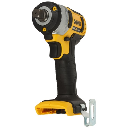 Cordless DEWALT impact wrench tool with a yellow and black design, shown without battery attached, and a metal belt clip on the side.