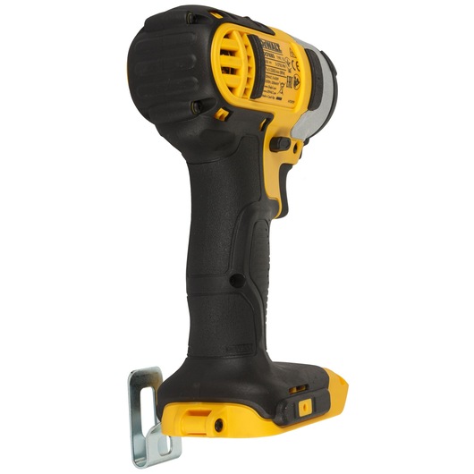A DEWALT cordless impact wrench, model DCF880NT-XJ, shown in a side view without a battery attached. The tool is primarily black and yellow with a metal belt clip.