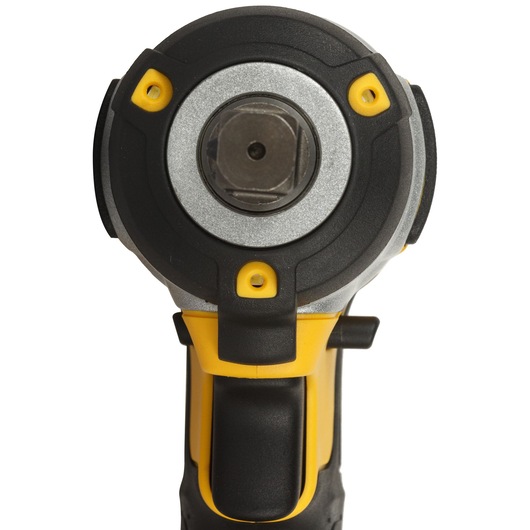 Front view of a DEWALT handheld cordless impact wrench, showing the tool's square drive and ergonomic grip.
