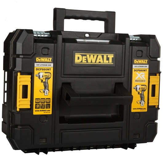 A black DEWALT carrying case for power tools, prominently labeled with yellow DEWALT branding and product information for the 18V Lithium Ion DCF880NT tool. The case features a sturdy handle and secure latches on the sides.