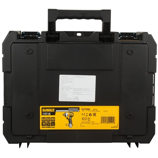 A black DEWALT hard plastic carrying case with a sturdy handle, labeled for the DCF880NT-XJ 18V lithium-ion impact wrench. The front features the DEWALT branding, product details, and an illustration of the tool.