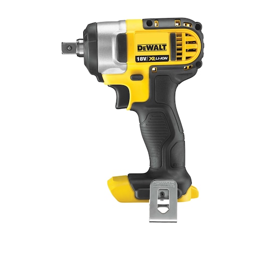 A DEWALT cordless 18V XR Li-Ion impact wrench is shown on a white background. The tool has a yellow and black body with a metal belt clip attached at the base.