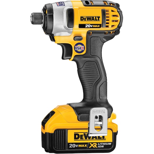 A DEWALT 20V Max XR Lithium Ion cordless impact driver, model DCF885M2, with a black and yellow ergonomic grip and metal belt clip.
