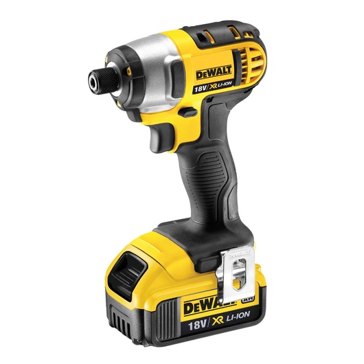 A DEWALT 18V XR Li-Ion cordless impact driver with a yellow and black design, ergonomic grip, and metal belt clip attached, shown standing upright against a white background.