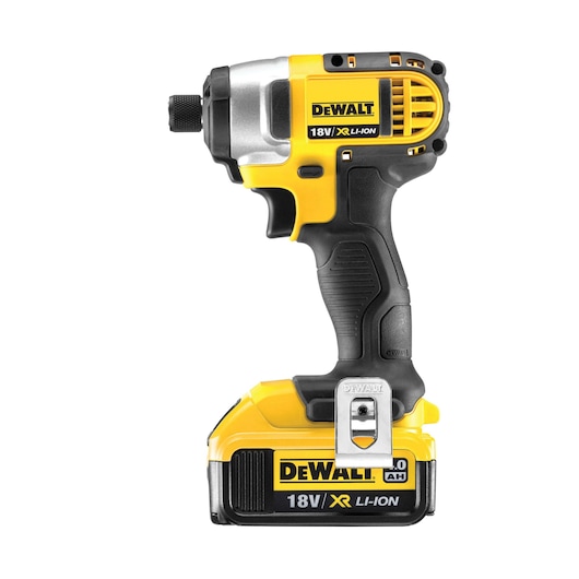 Cordless DEWALT 18V XR Li-Ion impact driver tool with a yellow and black ergonomic design, featuring a metal belt clip and visible branding.